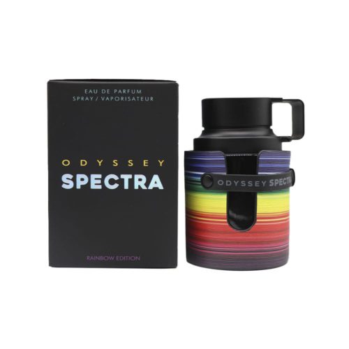 Botella del perfume Odyssey Spectra con tapa negra y envoltura de rayas arcoíris, junto a su caja a juego.