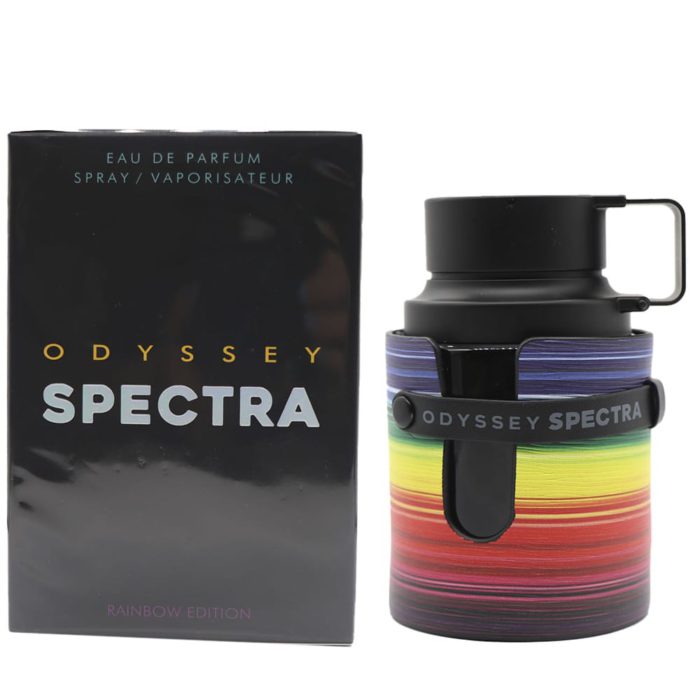 Botella del perfume Odyssey Spectra con tapa negra y envoltura de rayas arcoíris, junto a su caja a juego.