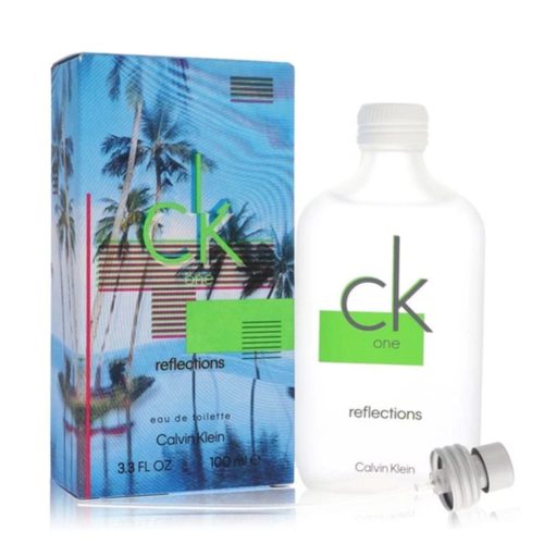 Vista frontal del perfume CK One Reflections EDT 100 ml de Calvin Klein, con frasco blanco y etiqueta verde, acompañado de una caja colorida con palmeras y gráficos estilo glitch.