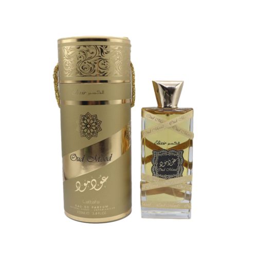 Vista frontal del Oud Mood Elixir de Lattafa mostrando el elegante estuche cilíndrico dorado y el frasco rectangular a juego con detalles dorados.
