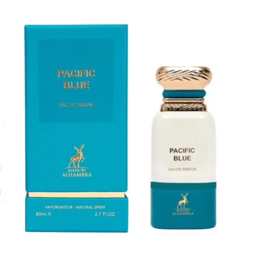 Vista frontal del perfume Pacific Blue Eau de Parfum de Maison Alhambra, con caja turquesa y detalles dorados, acompañado de un elegante frasco blanco con tapa dorada y acentos en azul.