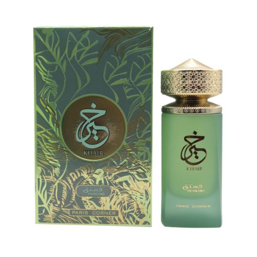 Vista frontal del perfume unisex Pistachio Khair EDP 100 ml de Paris Corner, con elegante frasco verde y su caja decorativa a juego.