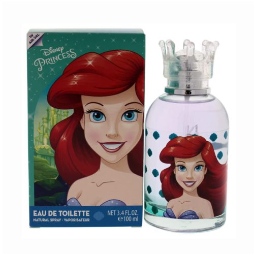 Botella del perfume con una ilustración sonriente de Ariel, cabello rojo, conchas con puntos y un tapón transparente en forma de corona.