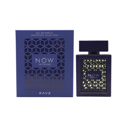 Imagen del perfume Now Intense Eau de Parfum 100 ml de Lattafa, con su frasco azul de diseño calado junto a su caja.