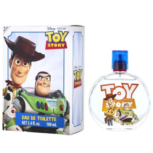 Eau de Toilette Toy Story de 100 ml para niños de Disney, con los personajes Woody y Buzz Lightyear en la botella y la caja.