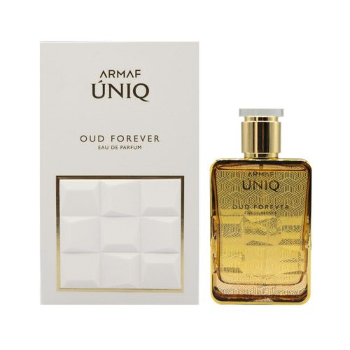 Vista frontal del frasco Uniq Oud Forever de Armaf junto a su elegante empaque blanco con detalles dorados.