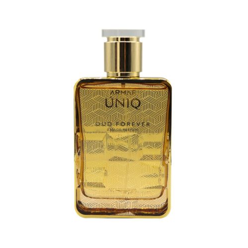 Vista aislada del frasco Uniq Oud Forever de Armaf, mostrando el diseño geométrico dorado detallado en la botella.