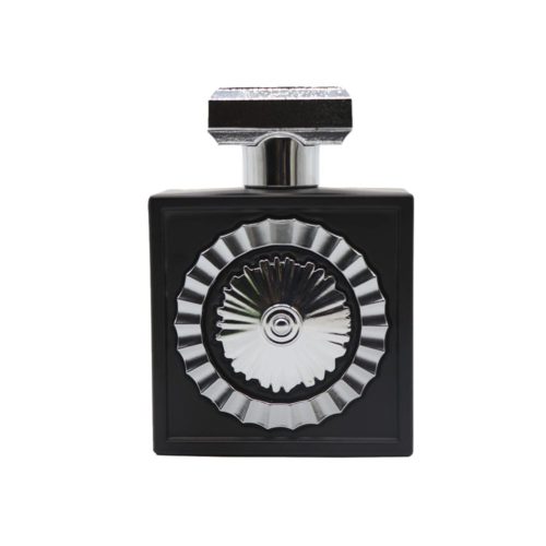 Vista frontal del frasco del perfume Wajood Eau de Parfum de Lattafa, con diseño rectangular negro, adorno circular plateado y tapa brillante.