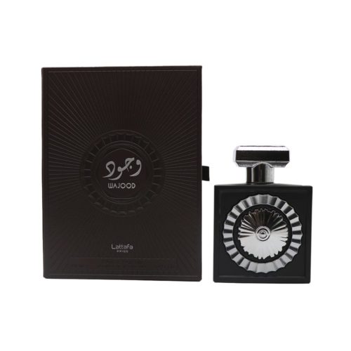 Frasco del perfume Wajood junto a su caja a juego de Lattafa, ambos con logotipo circular en relieve plateado.