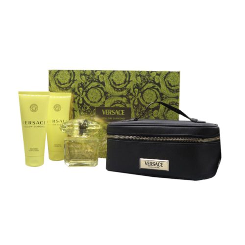 Set completo de Versace Yellow Diamond con fragancia, loción corporal, gel de ducha, caja floral verde y un neceser negro elegante.